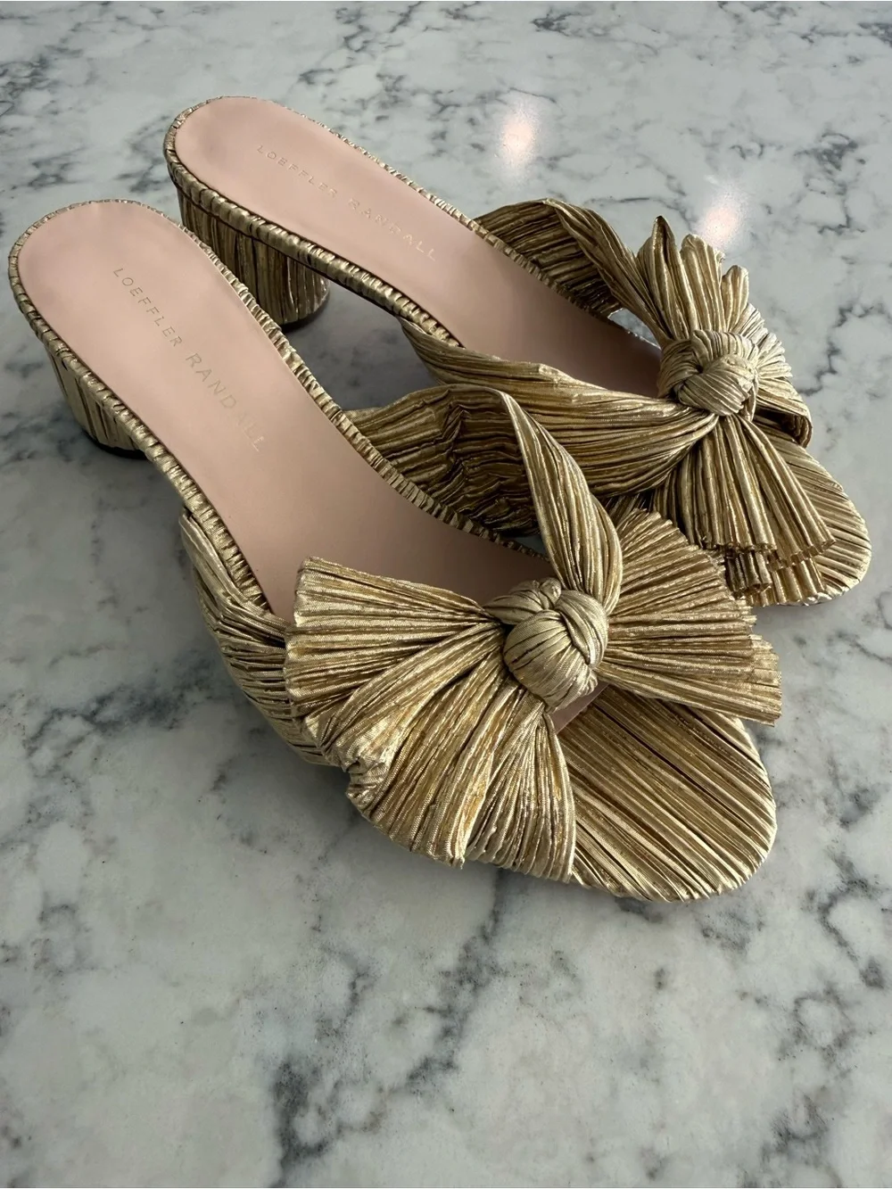 Loeffler Randall Emilia Gold Pleated Bow Heel Sz 8.5